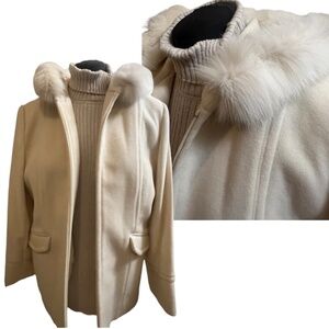 Preston & York Wool Trench Coat with Fox Fur Hood Cream off White SZ 16 Cozy